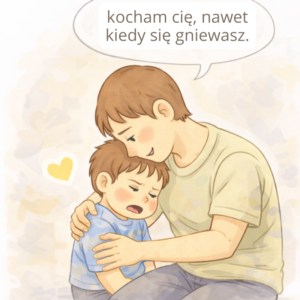 Rodzic przytula dziecko po napadzie złości