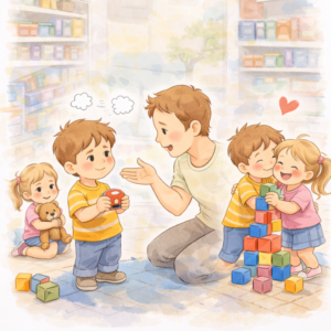 Rodzic pomaga dzieciom pogodzić się po konflikcie