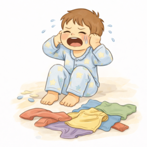 Płaczące dziecko w piżamie, które nie chce się ubierać