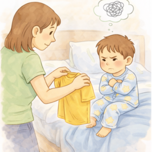 Dziecko w piżamie odmawia ubierania się mimo zachęty rodzica