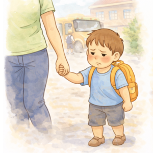 Rozdrażnione dziecko po wyjściu z przedszkola trzymające rodzica za rękę