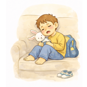 Zmęczone dziecko po przedszkolu odpoczywające na kanapie z plecakiem obok