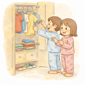 Dziecko wybierające ubrania z szafy – próba ułatwienia ubierania