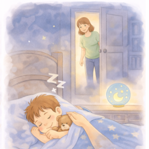 Dziecko zasypia samodzielnie w swoim łóżku przy delikatnym świetle lampki