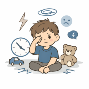 Zmęczone dziecko nie chce zasypiać, siedzące na podłodze z zabawką