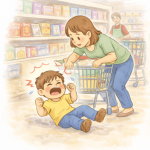 Napad złości u 3-latka w sklepie – dziecko płacze na podłodze między półkami