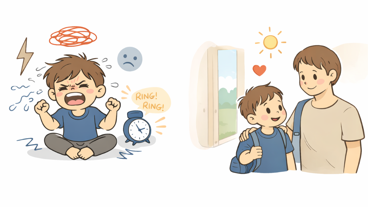 Poranek z dzieckiem – porównanie nerwowego pośpiechu i spokojnego wyjścia z domu