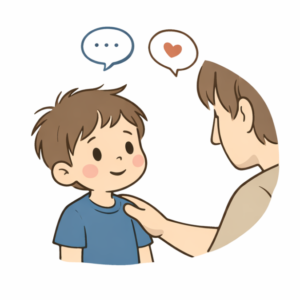 Dorosły rozmawiający z dzieckiem i pomagający mu poradzić sobie z emocjami