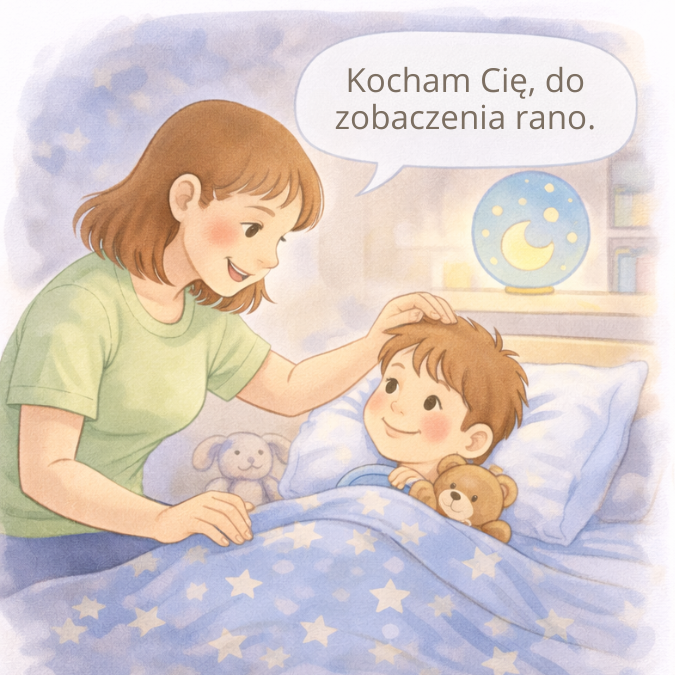 Rodzic spokojnie żegna się z dzieckiem przed snem