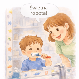 3-latek myje zęby przy wsparciu rodzica