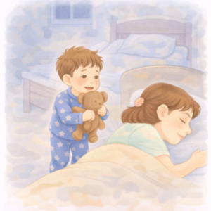 3-latek przychodzi do łóżka rodziców w nocy z pluszowym misiem