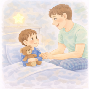 Rodzic spokojnie pomaga dziecku zasnąć w jego własnym łóżku