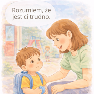 Rodzic rozmawia z dzieckiem przed wejściem do przedszkola