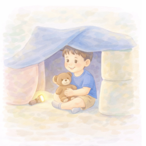 Dziecko bawi się w bazie zbudowanej z koca i poduszek