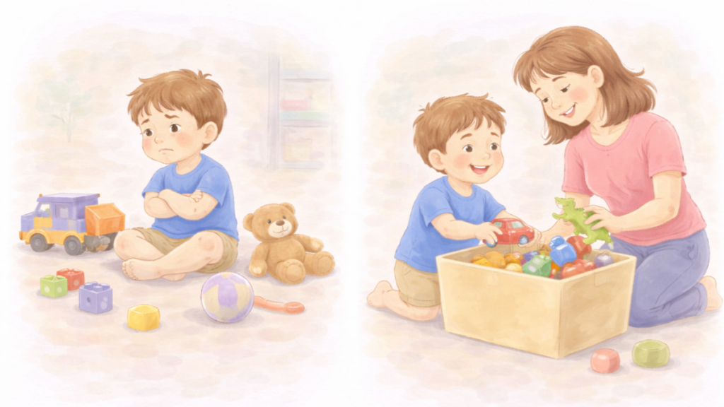 Rodzic pomaga dziecku sprzątać zabawki do pudełka