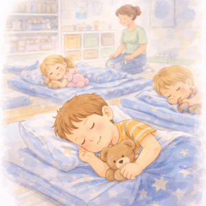 Dzieci śpią podczas drzemki w przedszkolu na matach