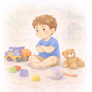 Dziecko siedzi obok rozrzuconych zabawek i nie chce sprzątać