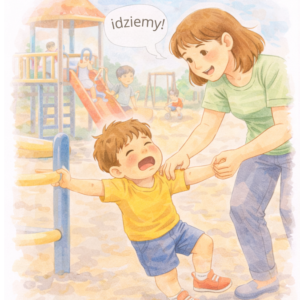 Dziecko protestuje, gdy rodzic chce wyjść z placu zabaw
