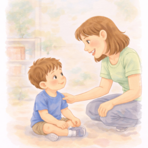 Rodzic spokojnie rozmawia z dzieckiem, które wcześniej ignorowało polecenie