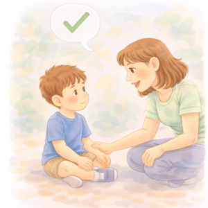 Rodzic spokojnie rozmawia z dzieckiem podczas stawiania granicy