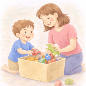 Dziecko sprząta zabawki przy wsparciu rodzica