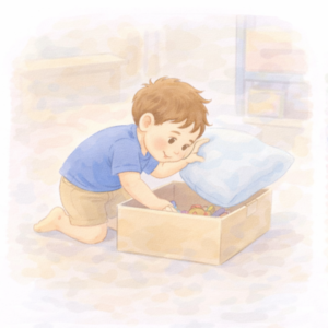 Dziecko szuka ukrytych przedmiotów w pudełku podczas zabawy w domu