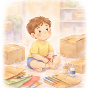 Dziecko siedzące na podłodze wśród kartonów i materiałów do zabawy