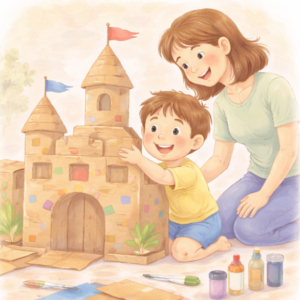 Dziecko z dumą prezentuje zamek zbudowany z kartonu