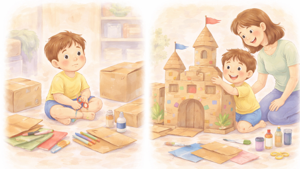Zabawy rozwijające wyobraźnię u dzieci — dziecko buduje zamek z kartonu